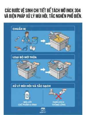 Các bước vệ sinh chi tiết bể tách mỡ inox 304 và biện pháp xử lý mùi hôi, tắc nghẽn phổ biến