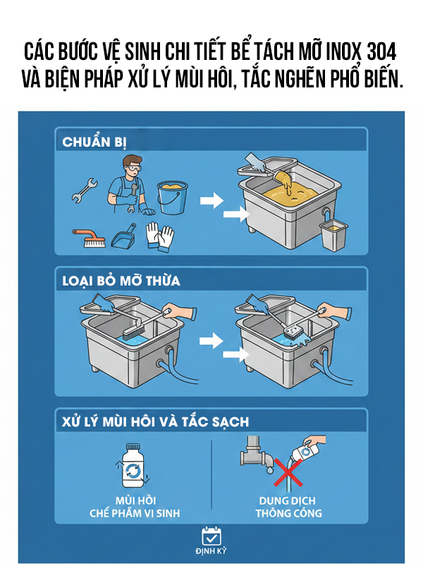 Các bước vệ sinh chi tiết bể tách mỡ inox 304 và biện pháp xử lý mùi hôi, tắc nghẽn phổ biến
